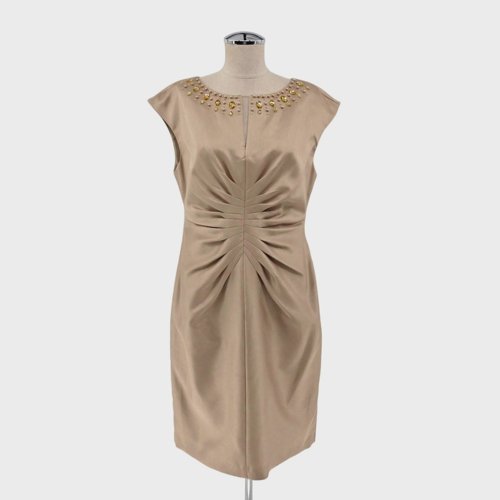 JESSICA HOWARD Champagne Embellished Dress Size 10 Pleated Sleeveless Sheath